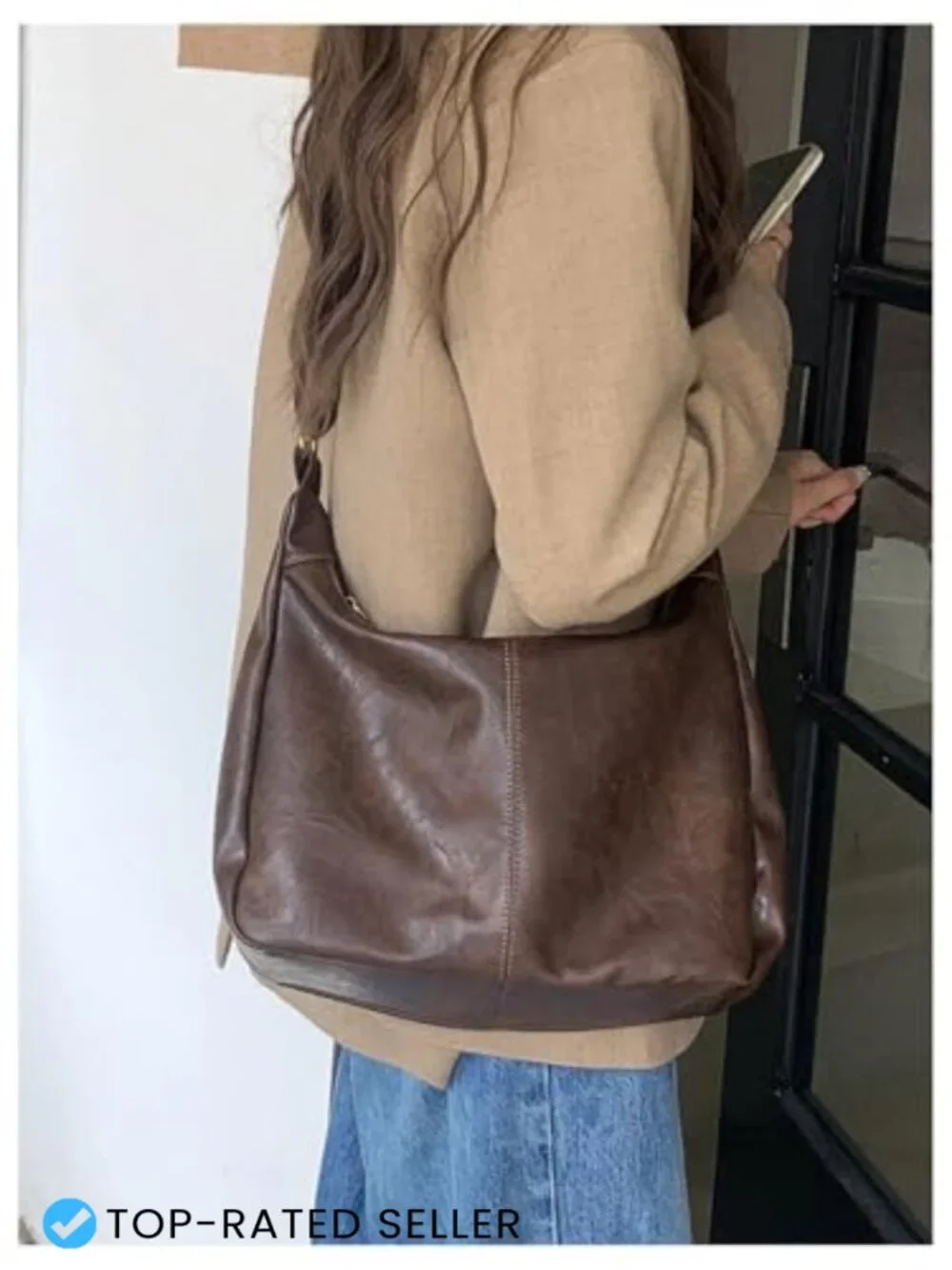 Soft PU Leather Crossbody Hobo Bag Vintage Slouchy Zipper Shoulder Bag Chic